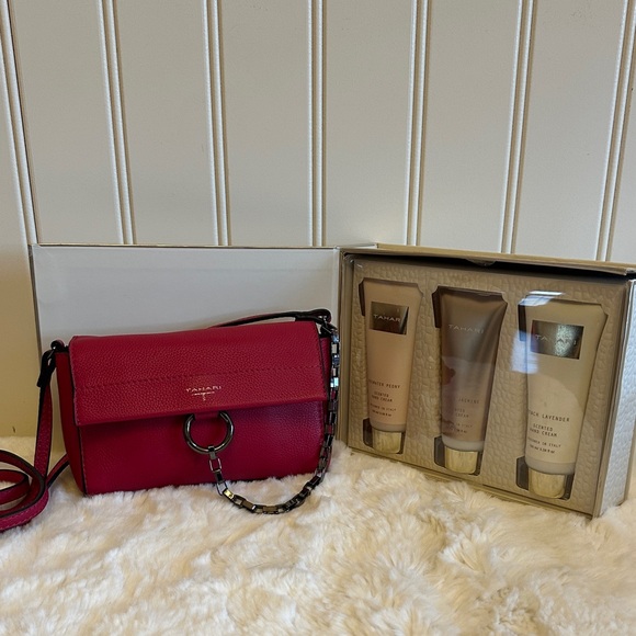 Tahari Handbags - Tahari Red Crossbody Bag with Beauty Hand Cream Set